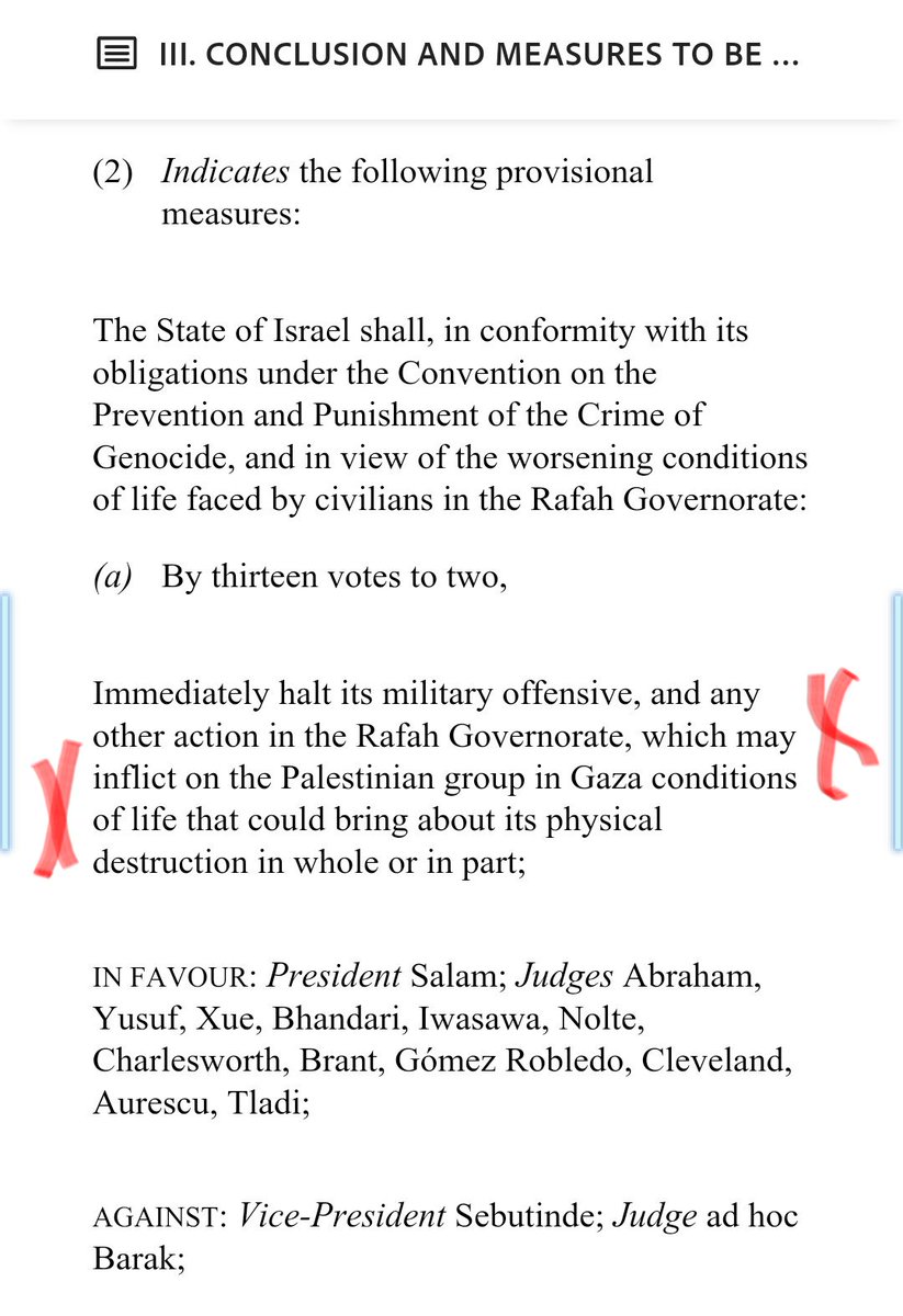 @_ckricky Krank, solch Verbrechen zu verteidigen 

IGH: 
'Sofortige Einstellung d. Militäroffensive [...] im Gouvernement Rafah, die der palästinensischen Gruppe im Gazastreifen Lebensbedingungen auferlegen könnten, die ihre physische Vernichtung ganz o. teilweise zur Folge haben könnten'