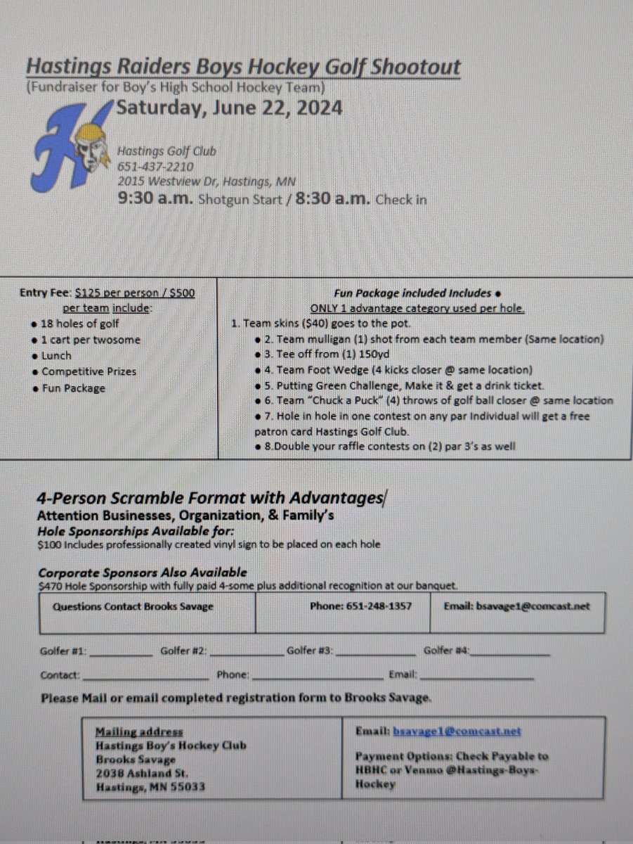 Calling on all Raiders Boy's Hockey supporters! Grab yourself a foursome and help support the boys high school hockey team. Golf scramble - June 22nd, Hastings Golf Club. 8:30am check-in 9:30am shotgun start Go Raiders!