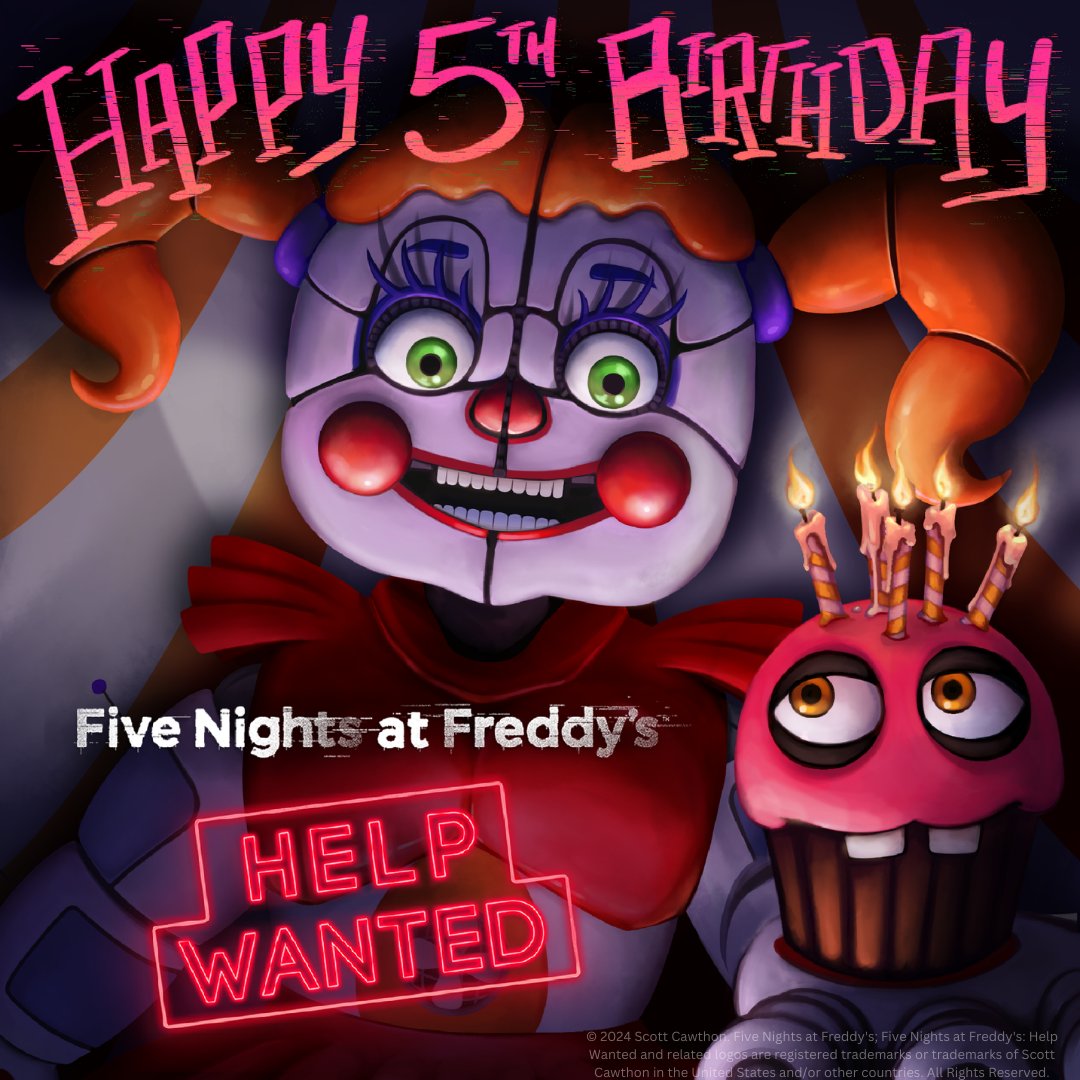 SteelWoolStudio's tweet image. 🎉Happy 5th Birthday to Five Nights at Freddy’s: Help Wanted!🎉 Thanks to all the fans for making it unforgettable! 🎂🎮

#FNAFHelpWanted #HelpWanted #Birthday #FNAF