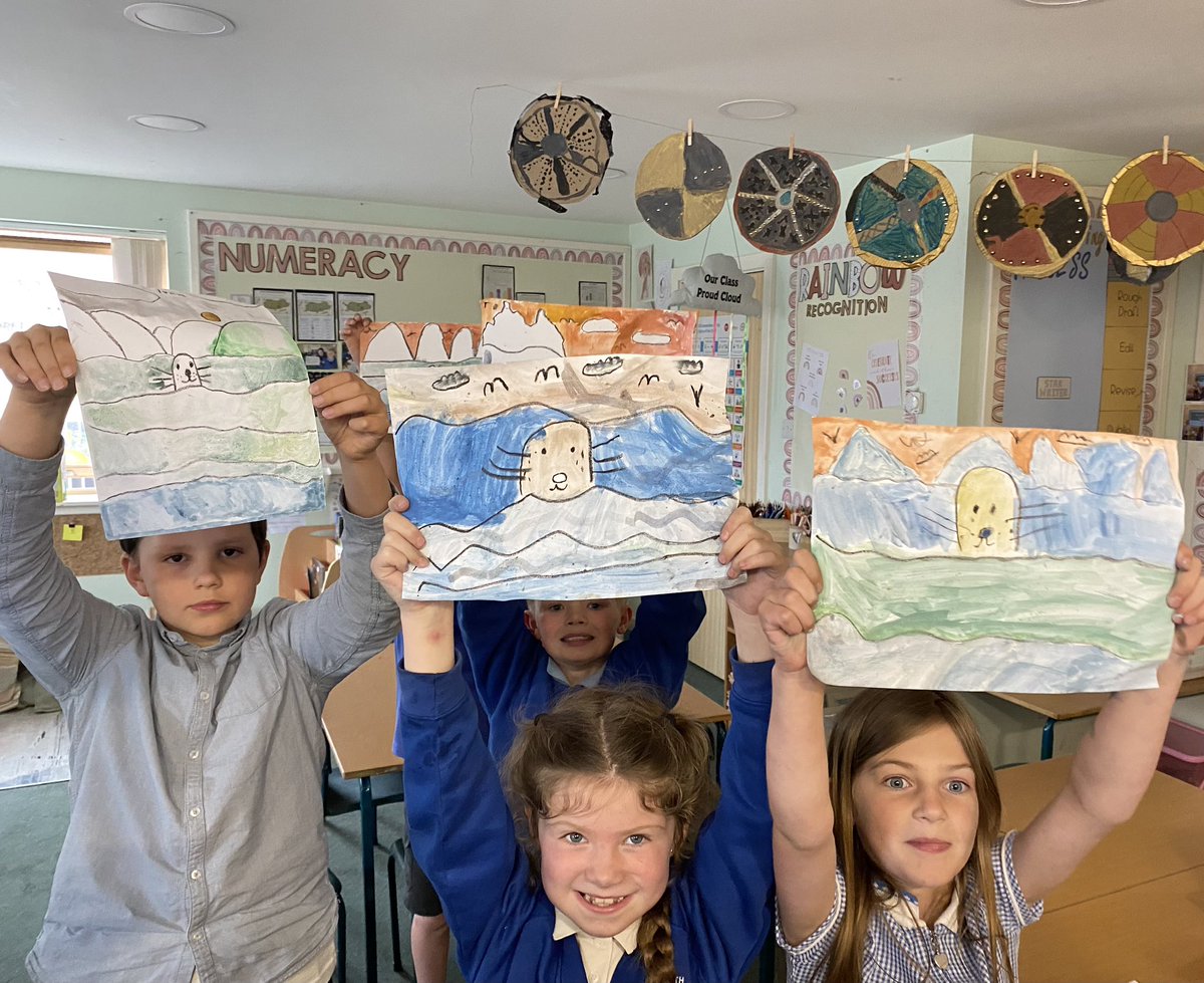 Watercolor seal paintings at @airthprimary art after school club. We used lots of different shades of blue for the water and Scottish landscape. Some of us painted sunset or sunrise skies.