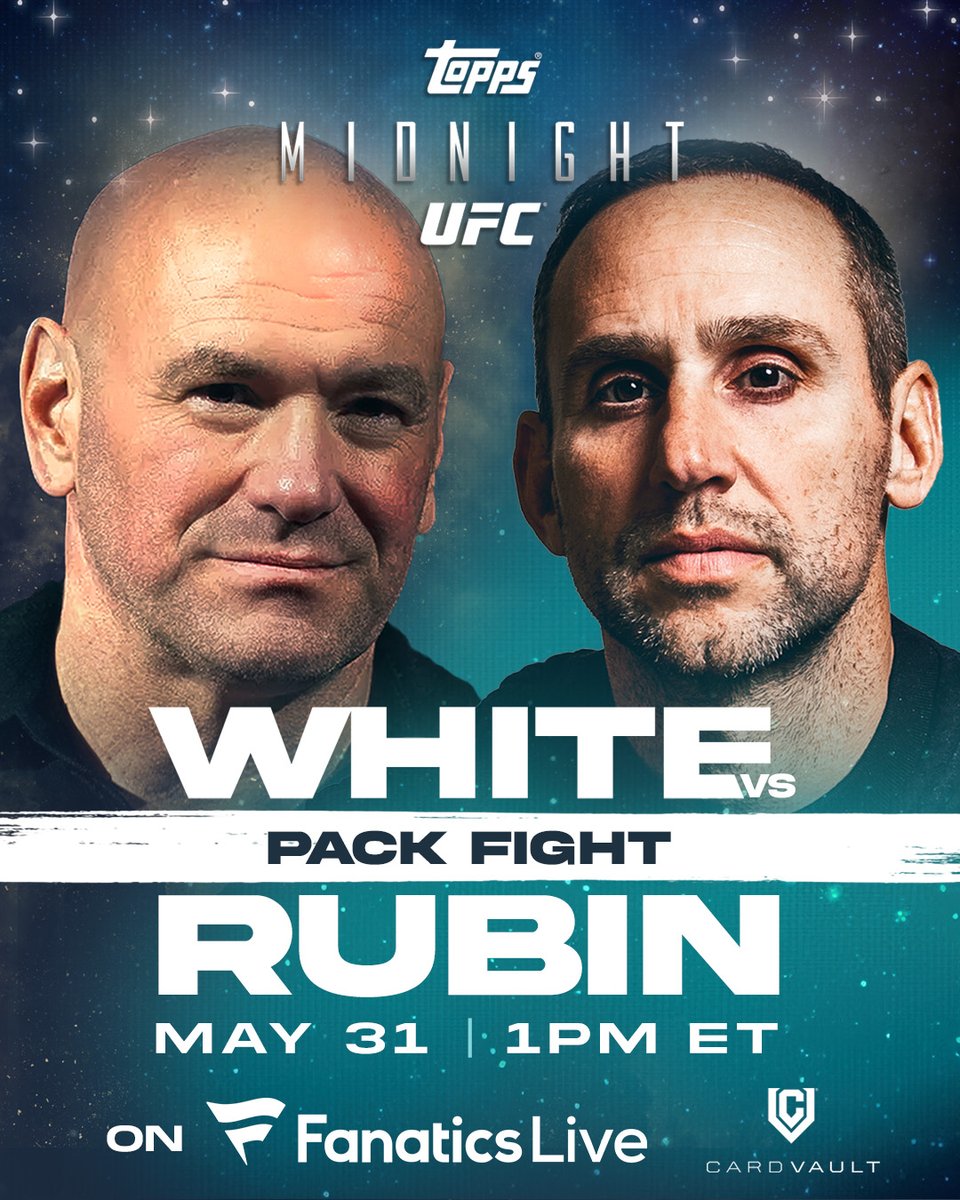 Dana White 👊 Michael Rubin These two will be ripping packs of @Topps UFC Midnight open this Friday & you're going to want to tune in. Watch live here: UFC.ac/4bCL97c @FanaticsLive | #PackFight