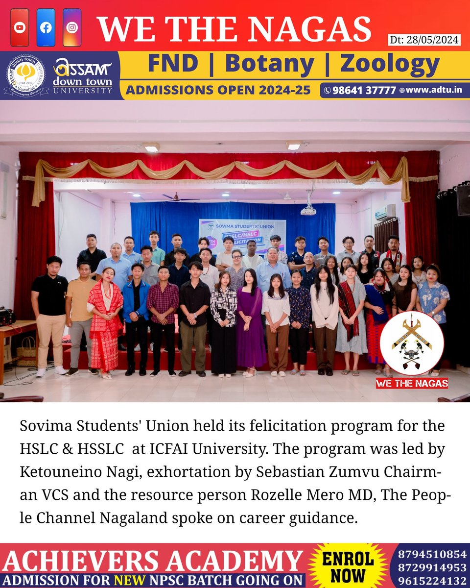 Sovima Students` Union held its felicitation program for the HSLC & HSSLC at ICFAI University. The program was led by Ketouneino Nagi, exhortation by Sebastian Zumvu Chairman VCS and the resource person Rozelle Mero MD, The People Channel Nagaland spoke on career guidance.