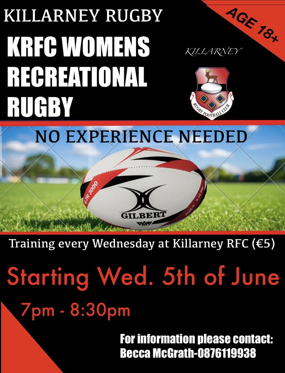 Killarney RFC are delighted to announce that we will be running Women’s Recreational Rugby for women and girls over 18. The focus is on fun, making friends and learning to play rugby! This promises to be great craic so give Becca a shout on 087-6119938 for details.