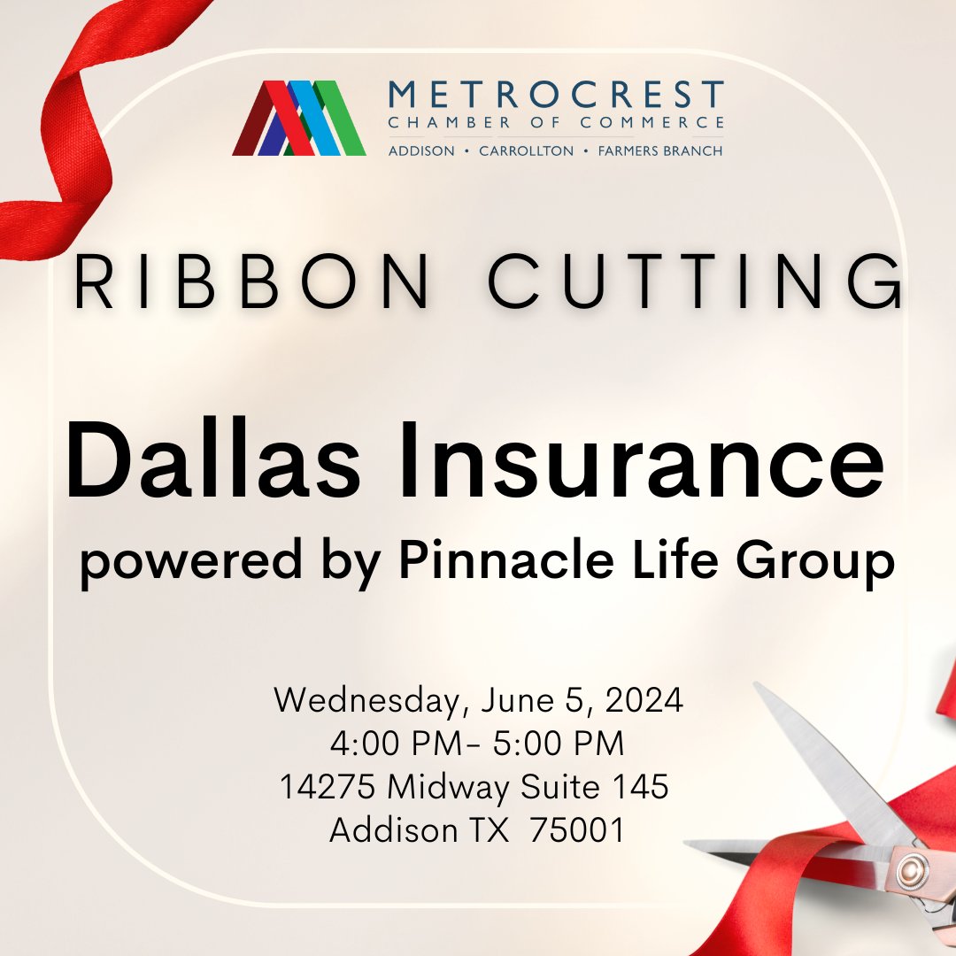 Join us for Dallas Insurance's Ribbon Cutting! ✂️

Register at metrocrestchamber.com

#ribboncutting