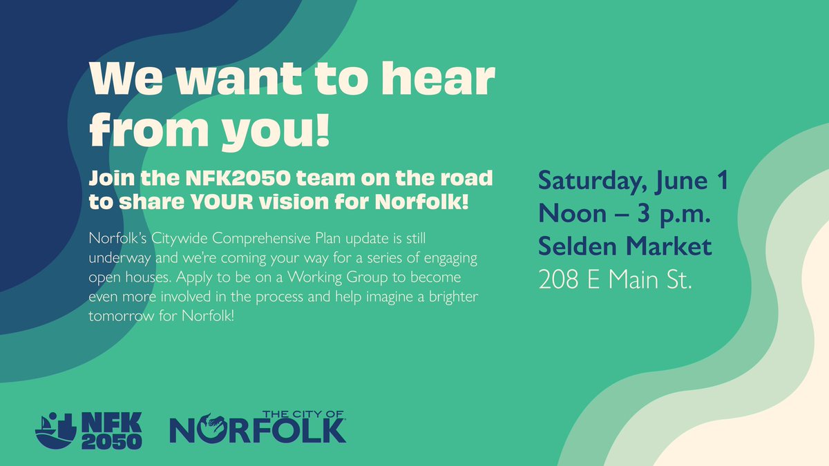 The NFK2050 team from Norfolk's Planning Dept. is coming to your neighborhood! Explore the City's Comprehensive Plan and join a working group to help shape Norfolk's future. #NFK2050
📆 Saturday, June 1
⏰ 12 p.m. - 3 p.m.
📍 @SeldenMarket (208 E Main St.)
norfolk.gov/NFK2050