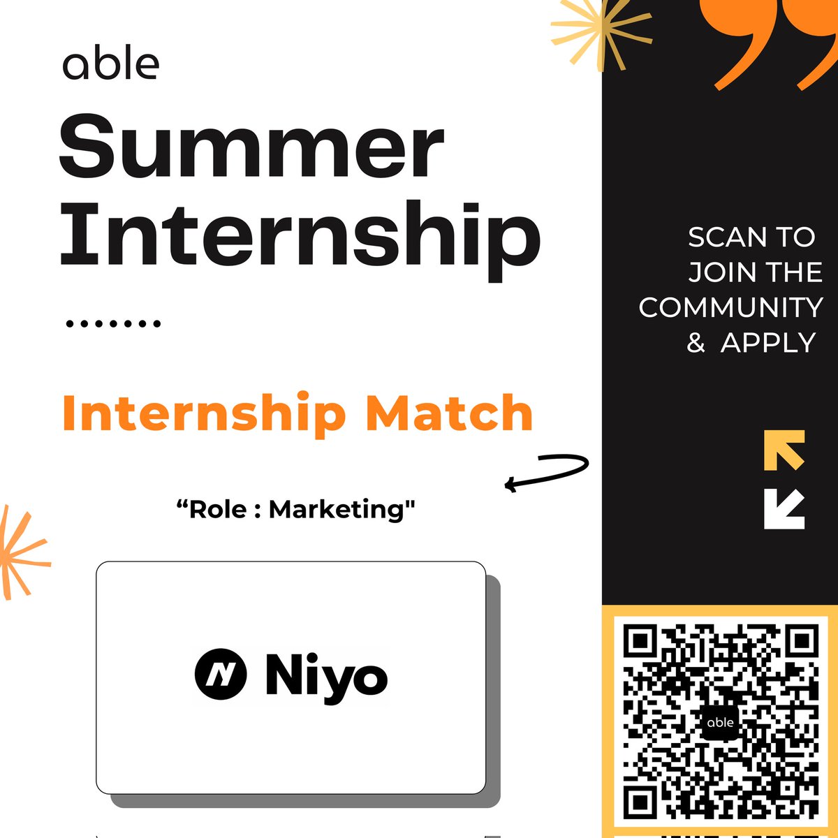 Able_india's tweet photo. Summer Internship Opportunity - "Niyo"

Role: "Marketing"

To Apply join our WhatsApp or Telegram channel via link mentioned in bio. 
#summerinternship https://t.co/SQYZCyXYPX