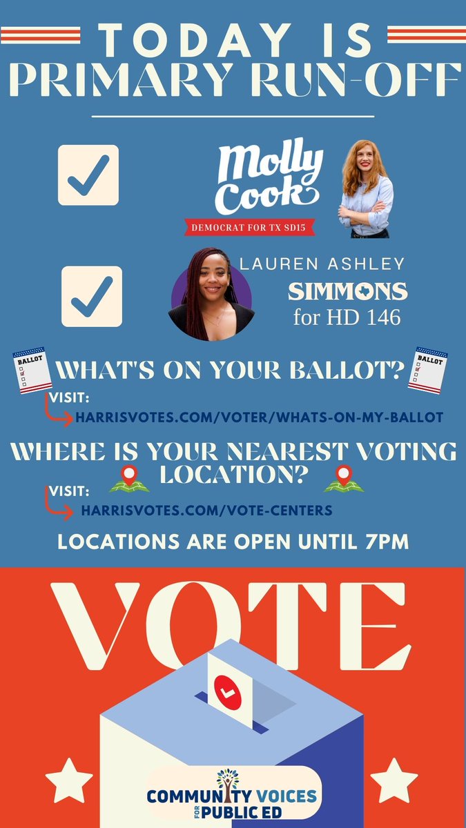 Today is Election Day! What's on your ballot? Visit harrisvotes.com/Voter/Whats-on…. Where is your nearest voting location? (You can vote anywhere inside of Harris County.) Visit harrisvotes.com/Vote-Centers. Locations close at 7 PM. @LASimmonsTX146 @MollyforTexas