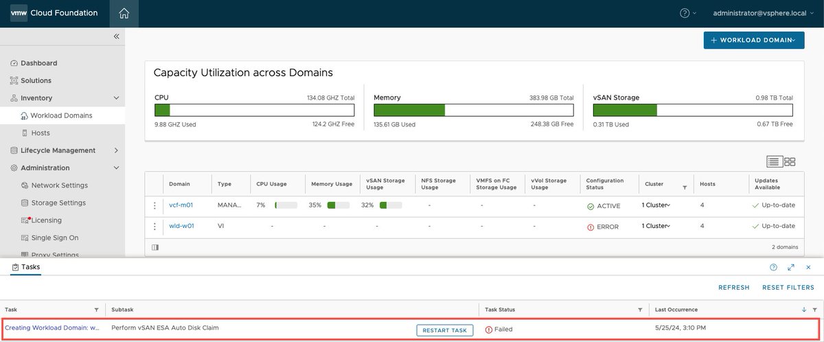 [New] - Using Nested ESXi for VMware Cloud Foundation (VCF) Workload Domain fails with vSAN ESA Auto Disk Claim  williamlam.com/2024/05/using-…

👆This one took me a bit longer to figure out, hopefully it helps anyone who might be using Nested ESXi & vSAN ESA w/VCF Workload Domain!