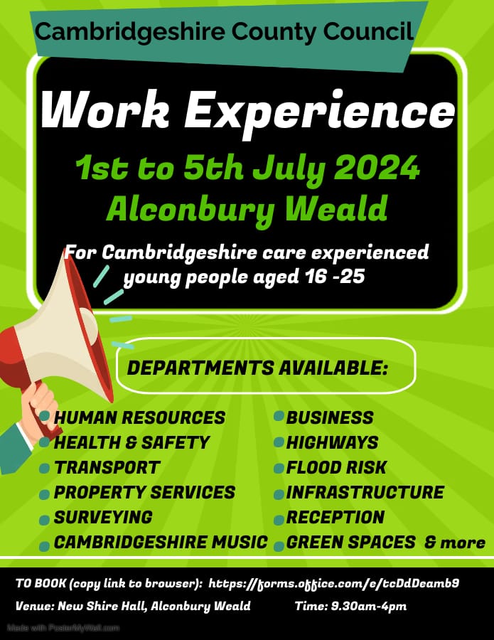 We are delighted to be working with our colleagues at the Council to offer our Children in Care and Care Leavers valuable work experience this summer! <a href="/CambsCC/">Cambridgeshire County Council</a> #workexperience  #career
Use link below to sign up ⬇️