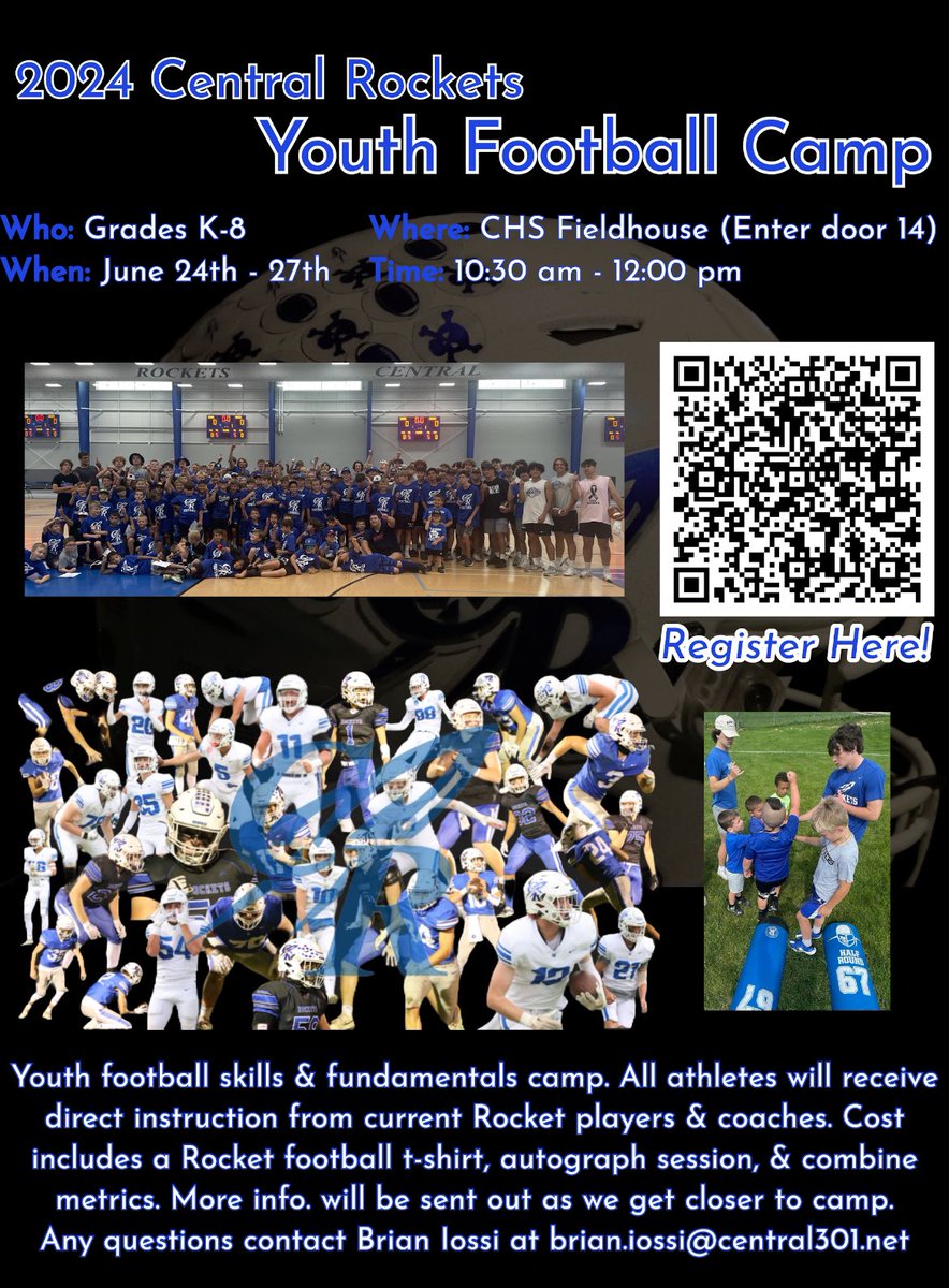 cyflrockets's tweet photo. 🚨 Don’t miss the opportunity to participate in the CHS Rockets Summer Youth Football Camp! 
🚀 💙 🐾   This is a chance to start working on your football skills before acclimation starts on July 22nd!

Registration link: https://t.co/hTlobfSKpk
@Central301 
@CHSFootball100 https://t.co/PLbkz89kRG
