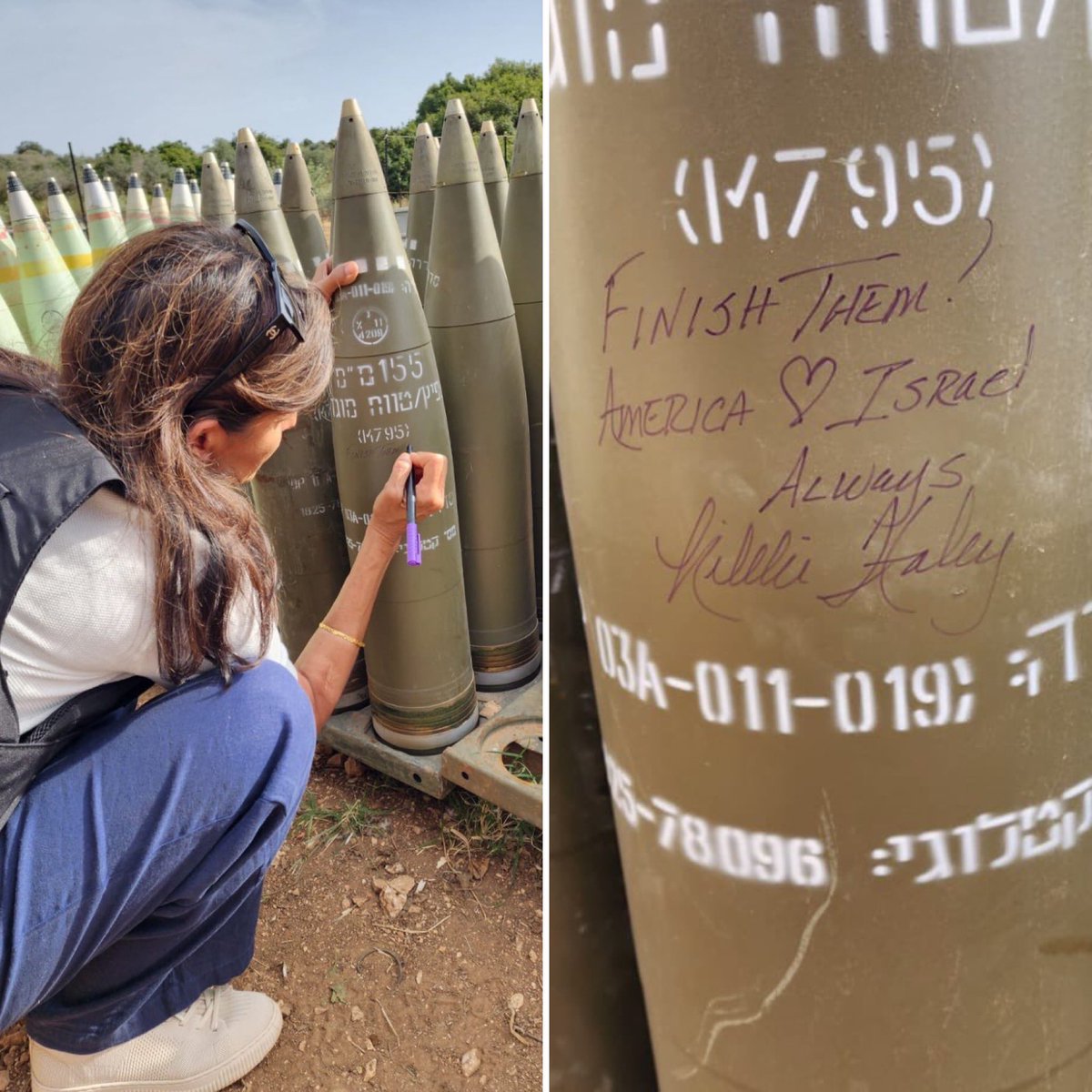 “Finish Them, America ♥️ Israel Always!” Message from @NikkiHaley, written on an Israeli missile intended for Hamas! Thank you Ambassador Haley!