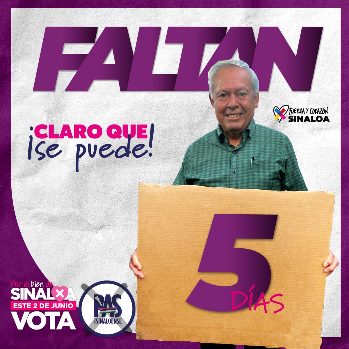 ¡Quedan solo 5 días! La recta final para elegir si vamos por más de lo mismo o por el cambio real que ofrece el Partido Sinaloense con su visión de estado. #PorElBienDeSinaloa, el 2 de junio #VotaPAS, #ClaroQueSePuede trabajar por el #Sinaloa que merecemos.💪🏻✨💜