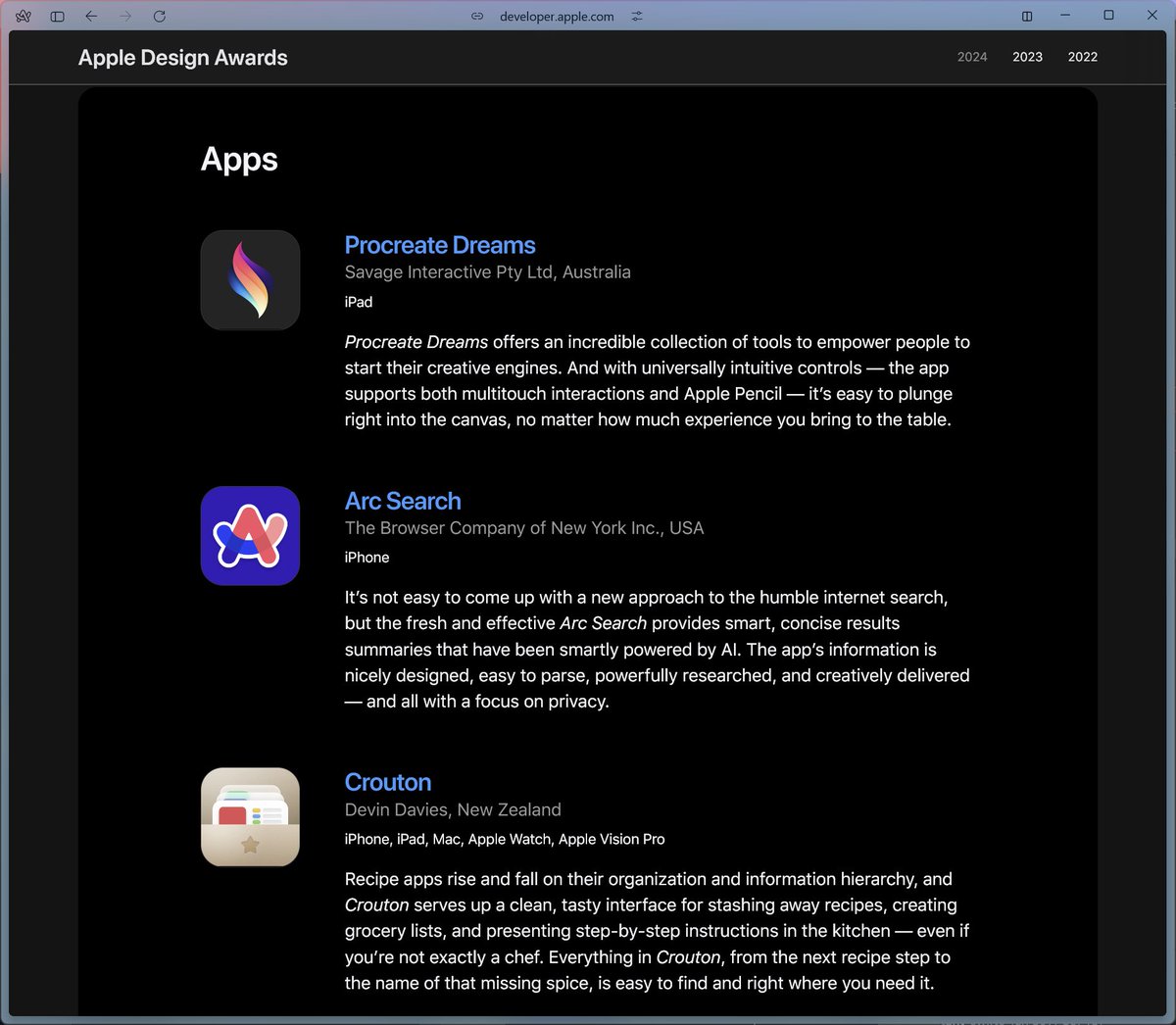 Apple design awards website with Arc Search showing in the number two position under the interaction category.