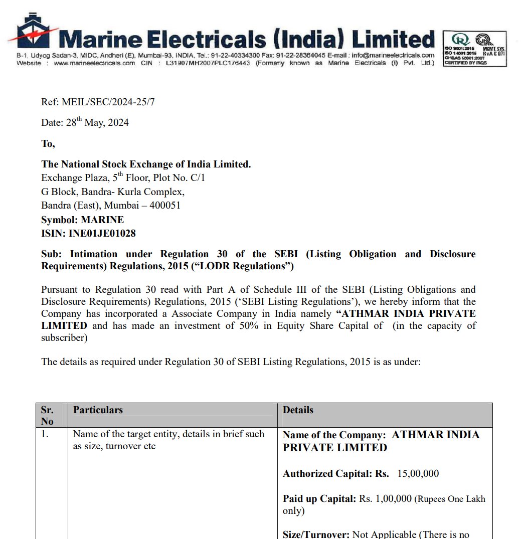 #MarineElectricals incorporated an Associate company ATHMAR INDIA PRIVATE LIMITED (Paid up Rs. 1L | 50% held by MEIL)

This entity will be in the business of marine equipment, ship building machinery etc.