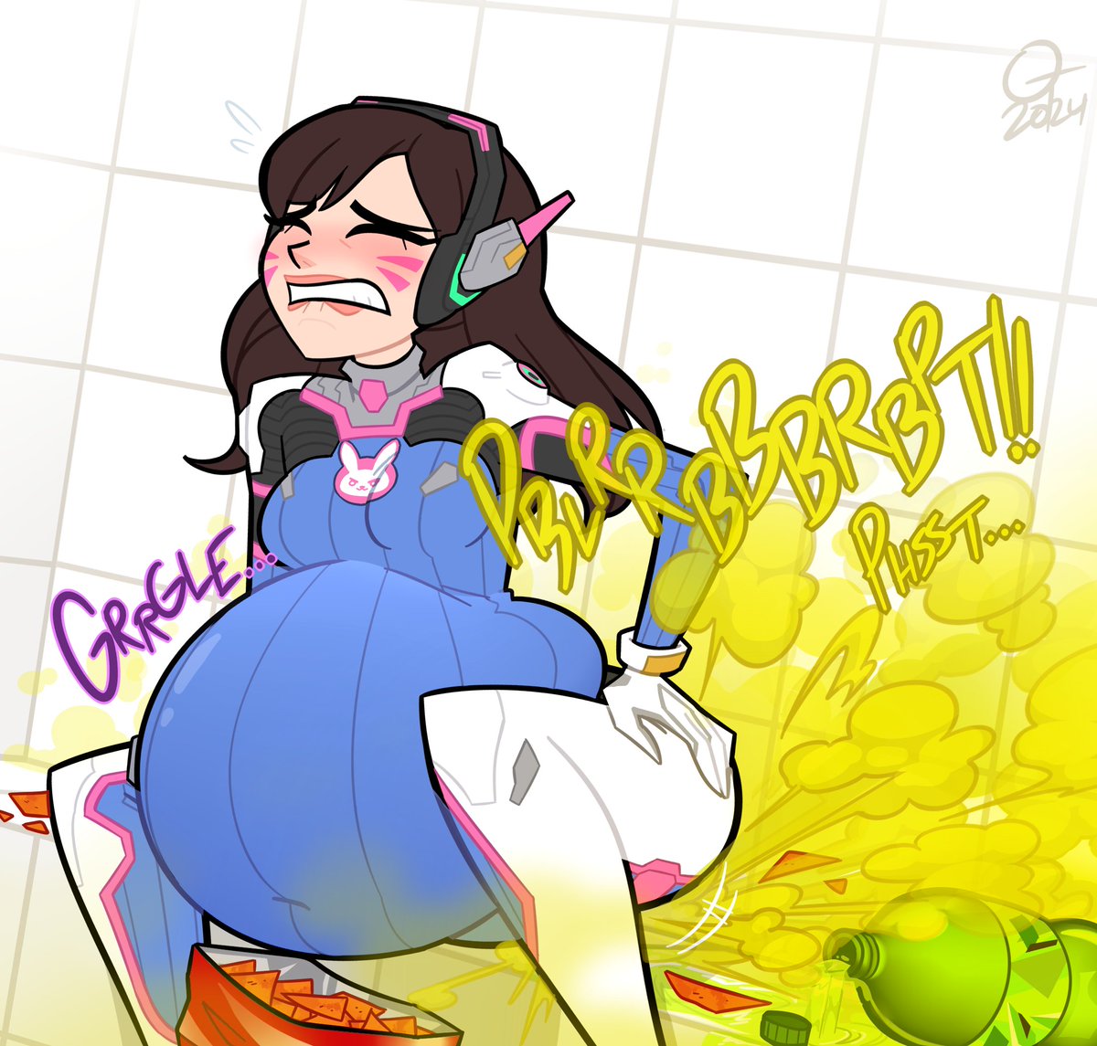 OddTenn's tweet photo. Pigging out on junk food may not lead to the most comfortable aftermath... 🥤💨 (DVa, Overwatch) https://t.co/SEbaKzEo8W