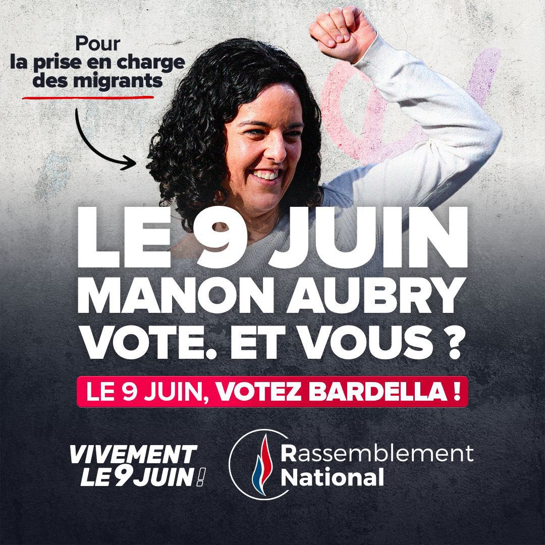 🔵 Le 9 juin, Manon Aubry ira voter pour la submersion migratoire et pour la répartition des migrants dans nos campagnes. Le 9 juin avec @J_Bardella, votez pour défendre notre sécurité et nos frontières. Le 9 juin, pas d’abstention, pas de dispersion ! #ViveementLe9Juin