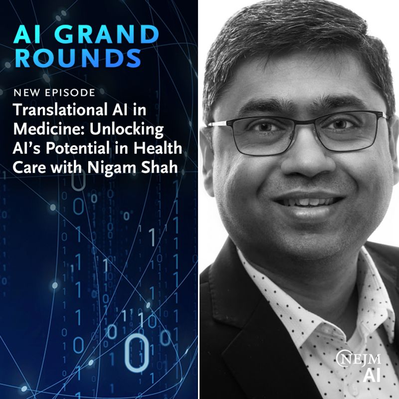 How is #AI transforming healthcare? #StanDOM's <a href="/drnigam/">Nigam Shah</a> shares his insights &amp; personal journey on <a href="/NEJM_AI/">NEJM AI</a>'s Grand Rounds Podcast. bit.ly/44LiGtg