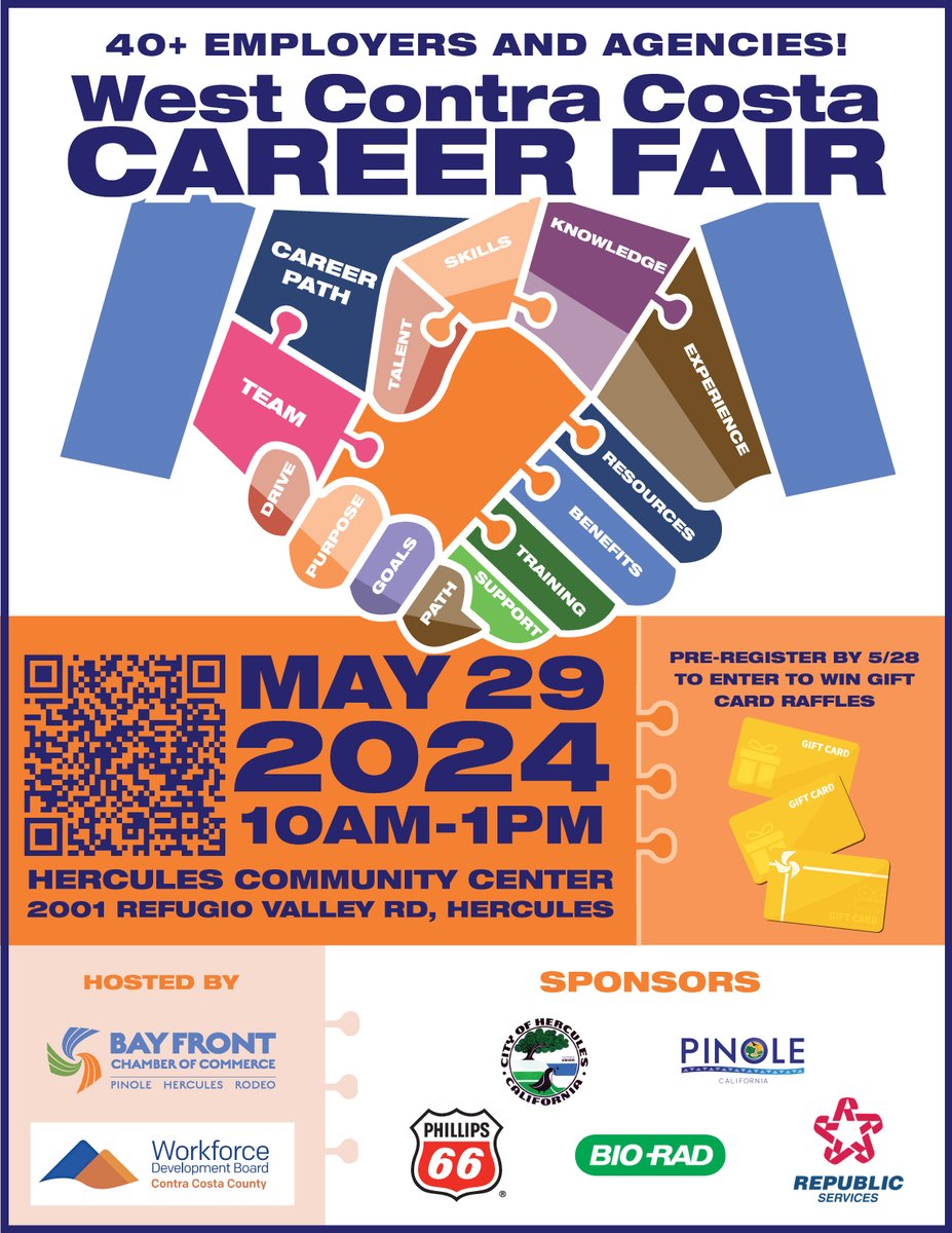 ⌛Today is the LAST DAY to pre-register for tomorrow's West Contra Costa #CareerFair & enter the gift card raffle. 💼🎟️ We can't wait to see you on Wed. May 29, 10 am-1 pm at the Hercules Community Center. Register now: smpl.is/929w6