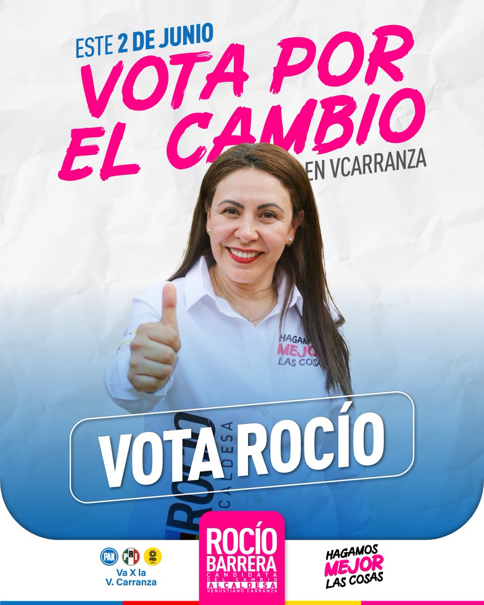¡Salgamos a las urnas este 2 de junio por el cambio que queremos! 🗳️✨ Para que tengas seguridad en tu colonia 🚔, mejores servicios 💧, bienestar ❤️ y apoyo 🤝.  #VotaRocíoBarrera ✅

#HagamosMejorLasCosas 
#VaXLaVCarranza