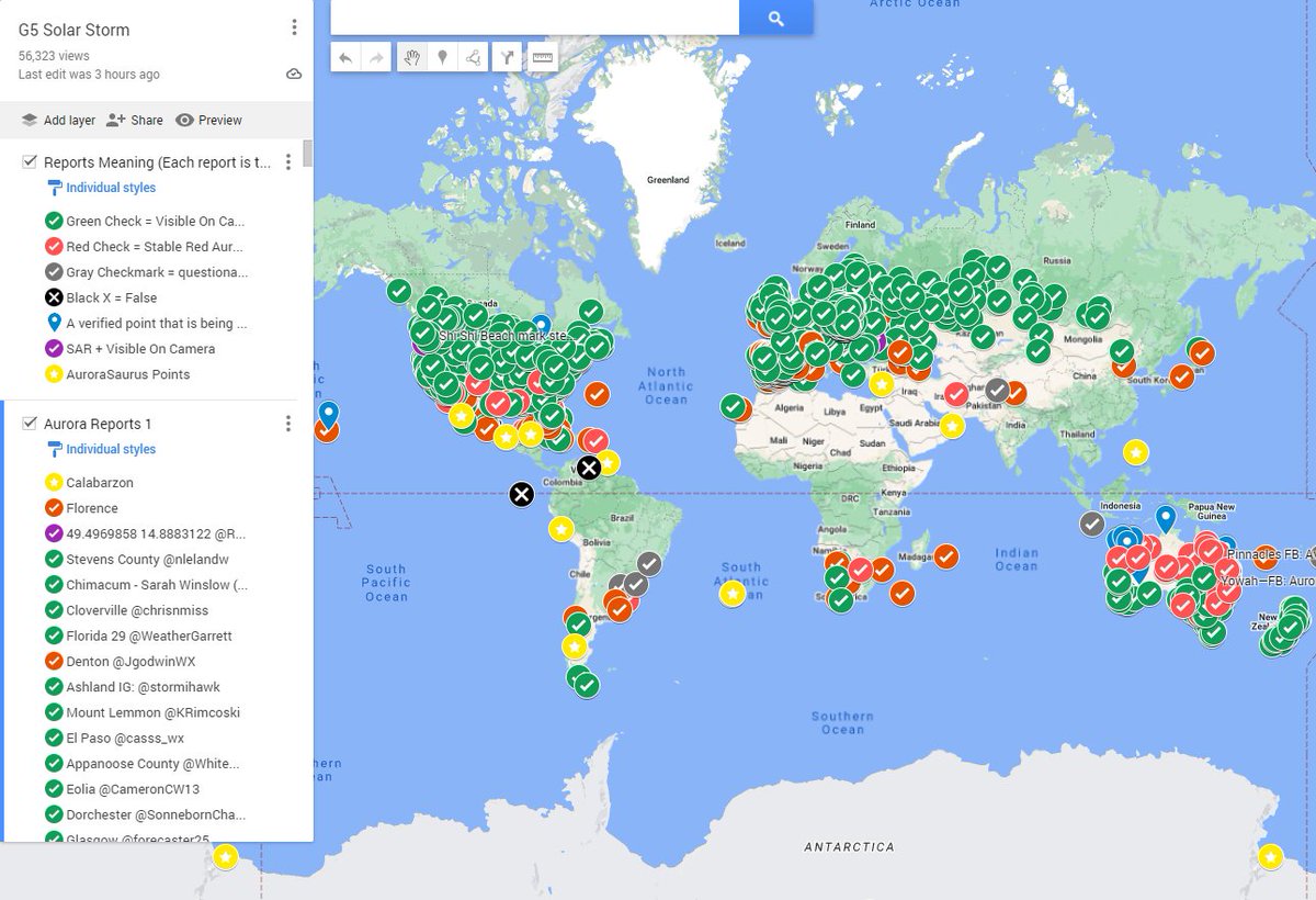 [LONG TWEET] We're approaching 3000 points and nearly 60,000 of you have taken a look at this map! The G5 map is getting to the point of stagnation with reports being lost in the realm of social media if you look them up. Have included a new subcategory of unique aurorasaurus