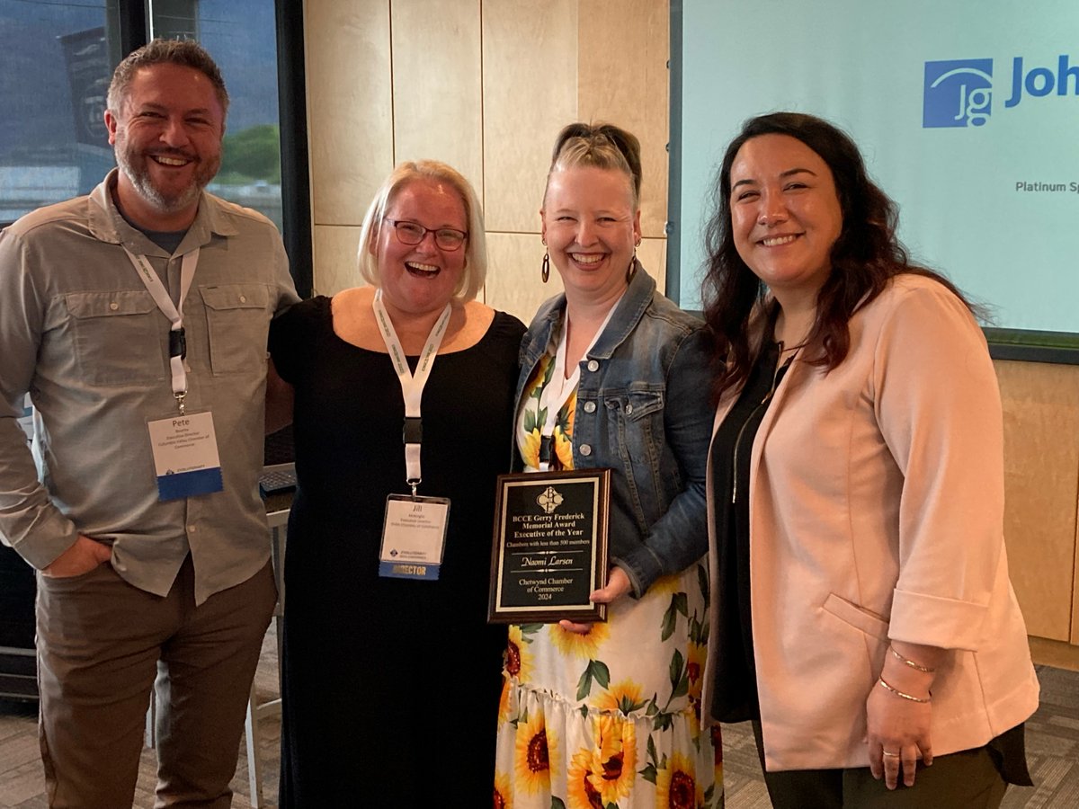 PGChamber1's tweet photo. Naomi Larsen of Chetwynd Chamber wins BC Chambers Executives' Executive of the Year for <500 member chambers. (L-R): Pete Bourke, BCCE president (Columbia Valley Chamber); Jill McKnight, awards chair (Delta Chamber); Naomi Larsen; Acacia Pangilinan, BCCE VP (Kamloops Chamber). https://t.co/WAxO83tH0k