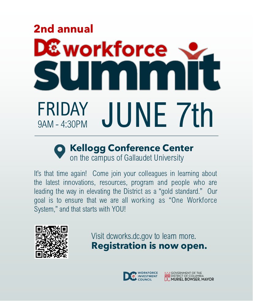 DC Workforce Investment Council (@dc_wic) on Twitter photo Join the DC WIC at our 2nd annual DC Workforce Summit!
Registration is now open!
Click the link to register and learn more: bit.ly/3vRd2Jg
We look forward to seeing you in June!
🗓️:June 7, 2024
🕘:9AM-4:30PM
📍:<a href="/dckellogg/">DC Kellogg Hotel</a>
#dcworkforce Join the DC WIC at our 2nd annual DC Workforce Summit!
Registration is now open!
Click the link to register and learn more: bit.ly/3vRd2Jg
We look forward to seeing you in June!
🗓️:June 7, 2024
🕘:9AM-4:30PM
📍:<a href="/dckellogg/">DC Kellogg Hotel</a>
#dcworkforce