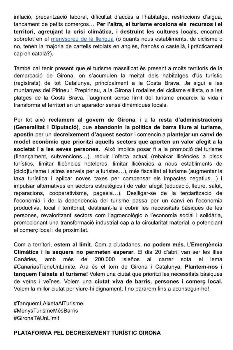 avbarrivell's tweet photo. L'@avbarrivell ha decidit adherir-se al manifest Per una Girona viva de barris, persones i comerç local, promogut per la Plataforma pel Decreixement Turístic de Girona @MenysTurismeGi i, alhora,  formar-ne part com a associació veïnal.

#MenysTurismeMésBarris
#GironaTéUnLímit https://t.co/uhICNqPxqA