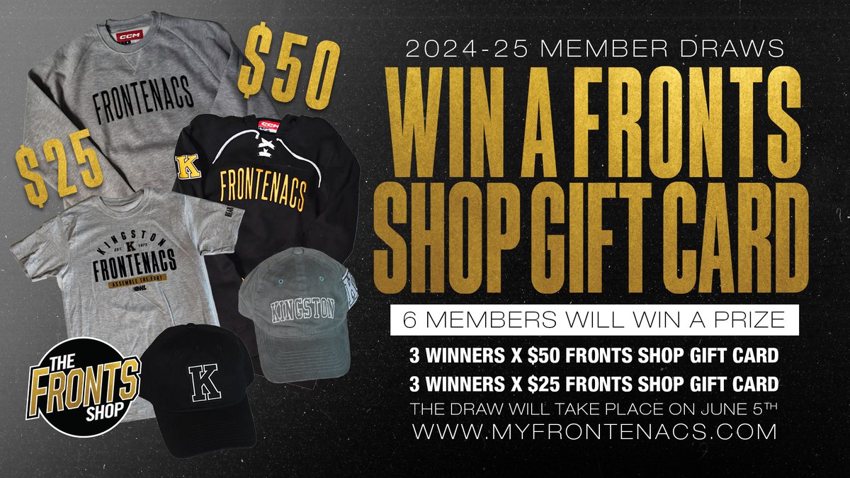Become a 2024-25 Season Ticket Member before June 5th and you'll be entered into our Member Draws. You could be one of six lucky winners to take home a Fronts Shop gift card! Memberships: myfrontenacs.com #SolidGold | @OHLHockey