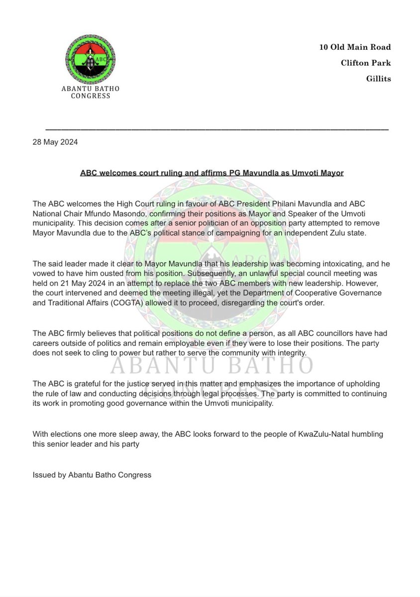 MEDIA STATEMENT: ABC welcomes court ruling and affirms PG Mavundla as Umvoti municipality mayor. 
Let’s continue the victory streak at the ballot tomorrow. 
VOTE ABC! ✅