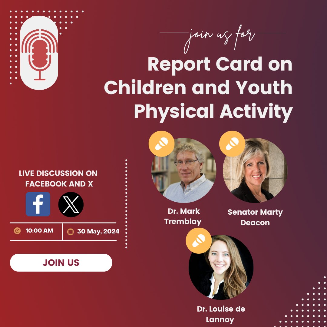 In preparation for NHFD I will be hosting a 60-minute Live discussion on X and Facebook on Thursday May 30 at 10 a.m. Dr. Mark Tremblay and Dr. Louise de Lannoy will join me for a conversation about ParticipACTION's 2024 Report Card on Physical Activity for Children and Youth.