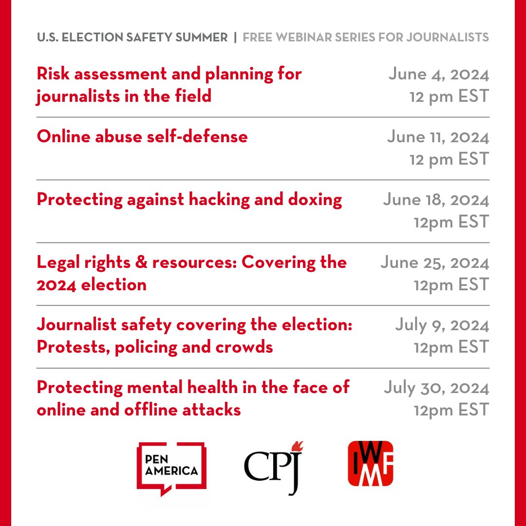 PEN America has joined forces w/ @TheCAOV members @pressfreedom & @IWMF to offer a free webinar series on safety for journalists covering the 2024 U.S. general election. Starting TUE 6/4 #ElectSafely Register here: pen.org/event/u-s-elec…