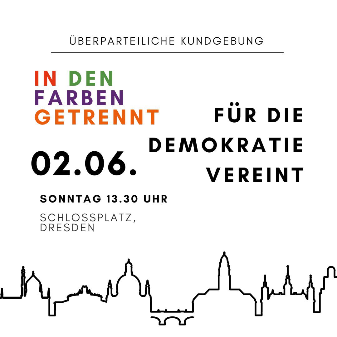 Auf dem Theaterplatz ist Wahlkampfabschluss der AfD. Klar, gibt es stabile antifaschistische Aktionen dagegen. Wir nutzen aber auch die Chance, auf dem Schlossplatz unsere Meinung kundzutun: Für eine solidarische, weltoffene Stadt! Rechtsruck stoppen! #dd0206