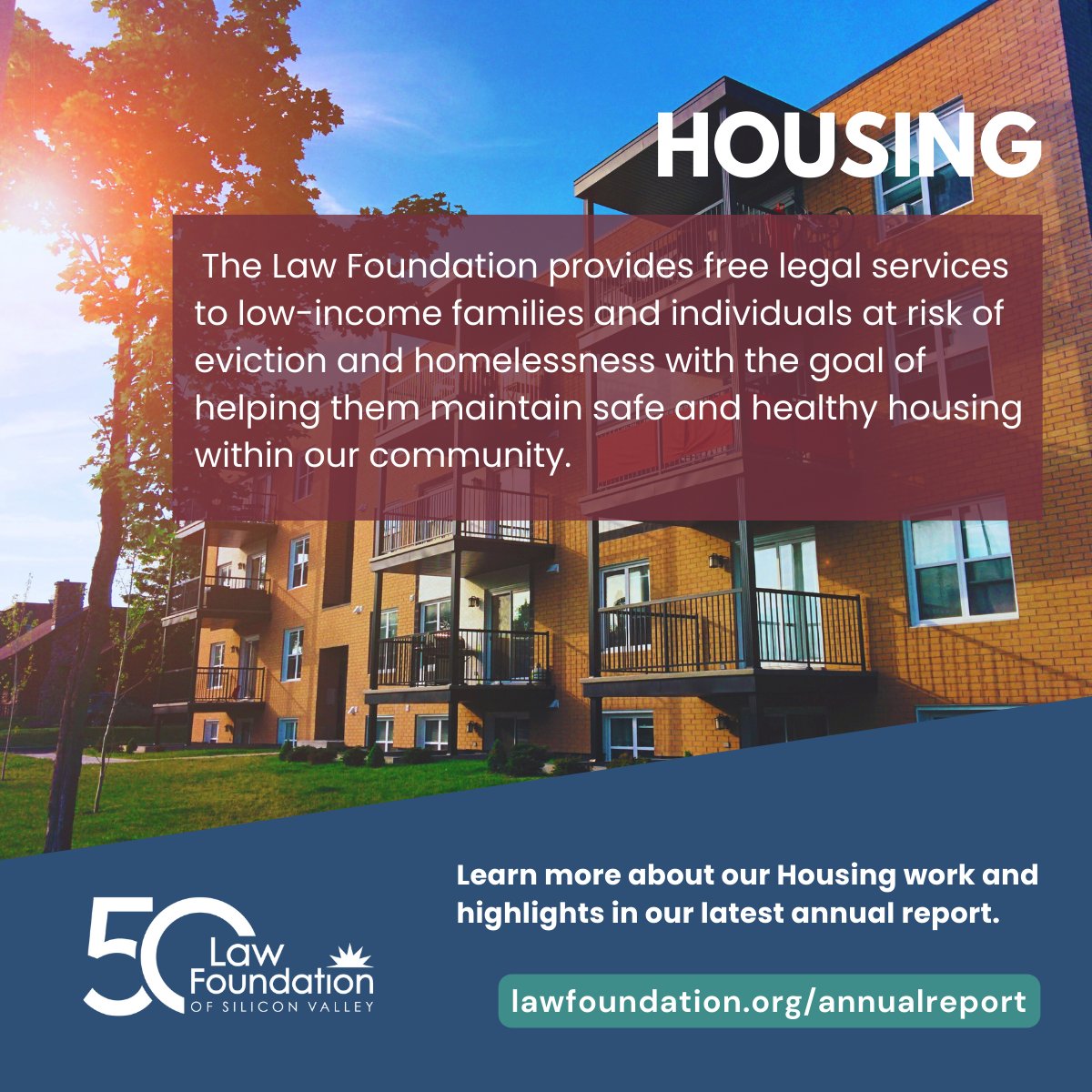 The Law Foundation provides free legal services to low-income families &amp; individuals at risk of eviction &amp; homelessness to help them maintain safe &amp; stable housing in our community. Learn more about our Housing program highlights from the last year: lawfoundation.org/annualreport.