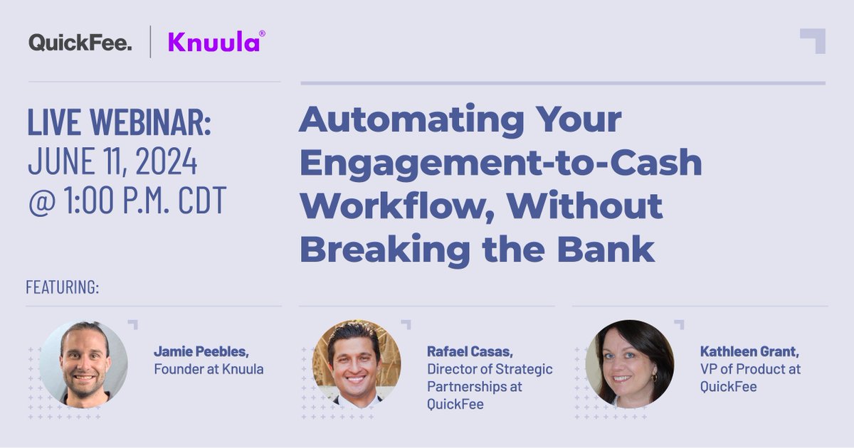 Engagement letters are critical to #accountingwork – but like collecting payments, these admin tasks eat away at billable hours.💸

On June 11th, join QuickFee and <a href="/Knuula_Engage/">Knuula</a> for a #webinar on freeing up time across your engagement-to-cash workflow: events.teams.microsoft.com/event/ac877458…