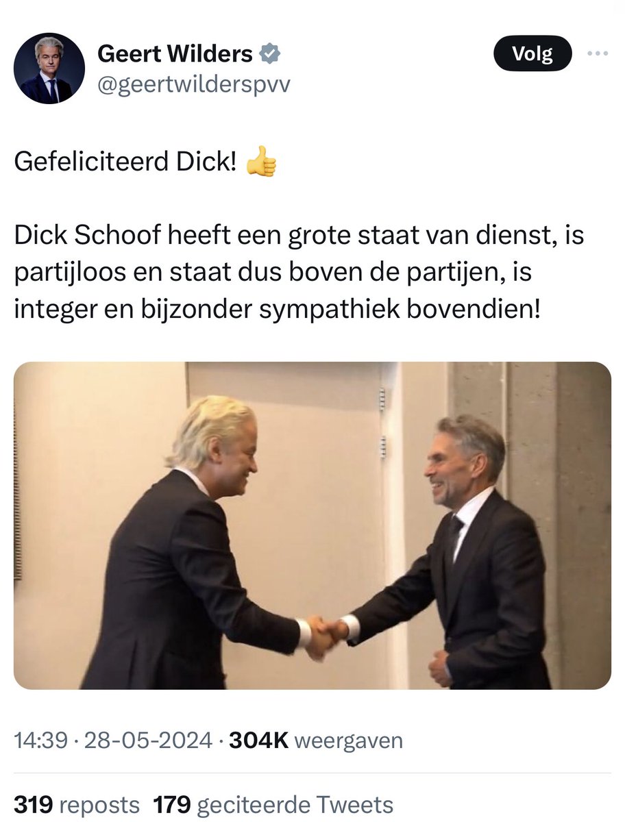 😂😂😂What a Joke! Keep on Voting Congratulations Dick! 👍 Dick Schoof has a great track record, is non-partisan and therefore above the parties, has integrity and is also very sympathetic!