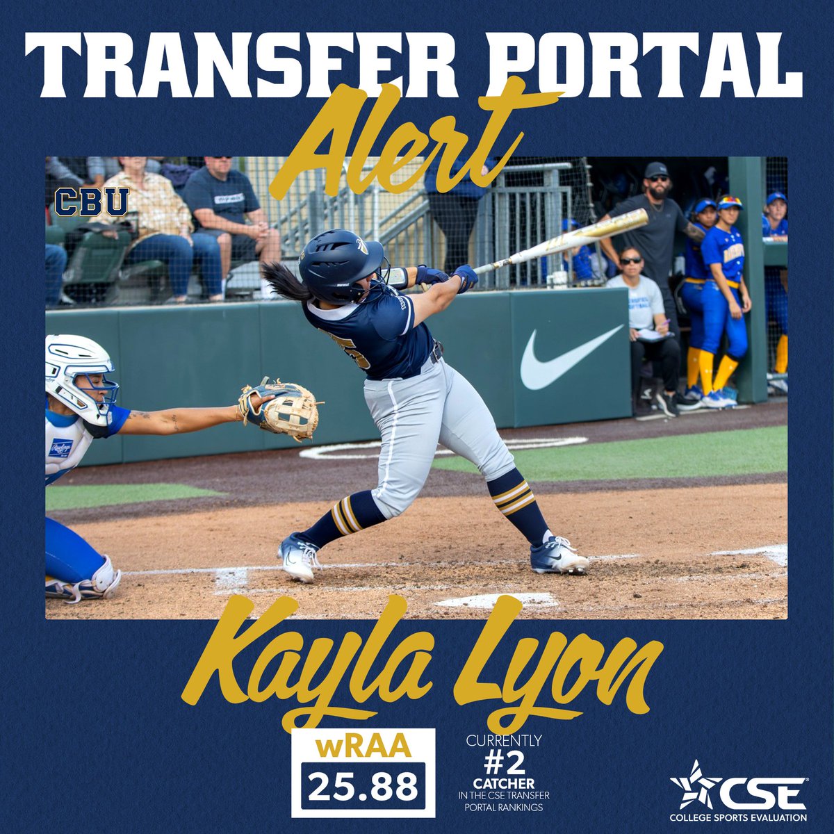 Former CBU slugger Kayla Lyon is currently the #2 catcher in the CSE Transfer Portal Rankings! .393 BA | .994 SLG | 44 RBI Check out more of Kayla's stats and rankings⬇️ app.cseval.com/transfer-porta… @kaylalyon6464