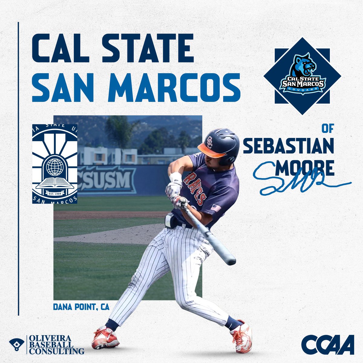 OBC_Recruits's tweet image. Congrats to Sebastian Moore on his commitment to Cal State San Marcos. The Cougars are bringing a dude to San Diego. Fired up for the Moore family #CSUSM #BleedBlue #CCAA #Committed #OBC