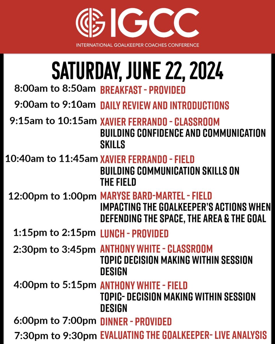 IntlGkCoaches's tweet photo. IGCC 2024 SCHEDULE IS HERE! Take a look at what to expect over the three days at #IGCC24. We can’t wait to all be together learning &amp; growing as coaches. 

If you haven’t registered yet, save your spot soon! Use code IGCC24NOW 
https://t.co/DvLReXxQyR

#goalkeeper #gkunion https://t.co/QN5f0nhN0c