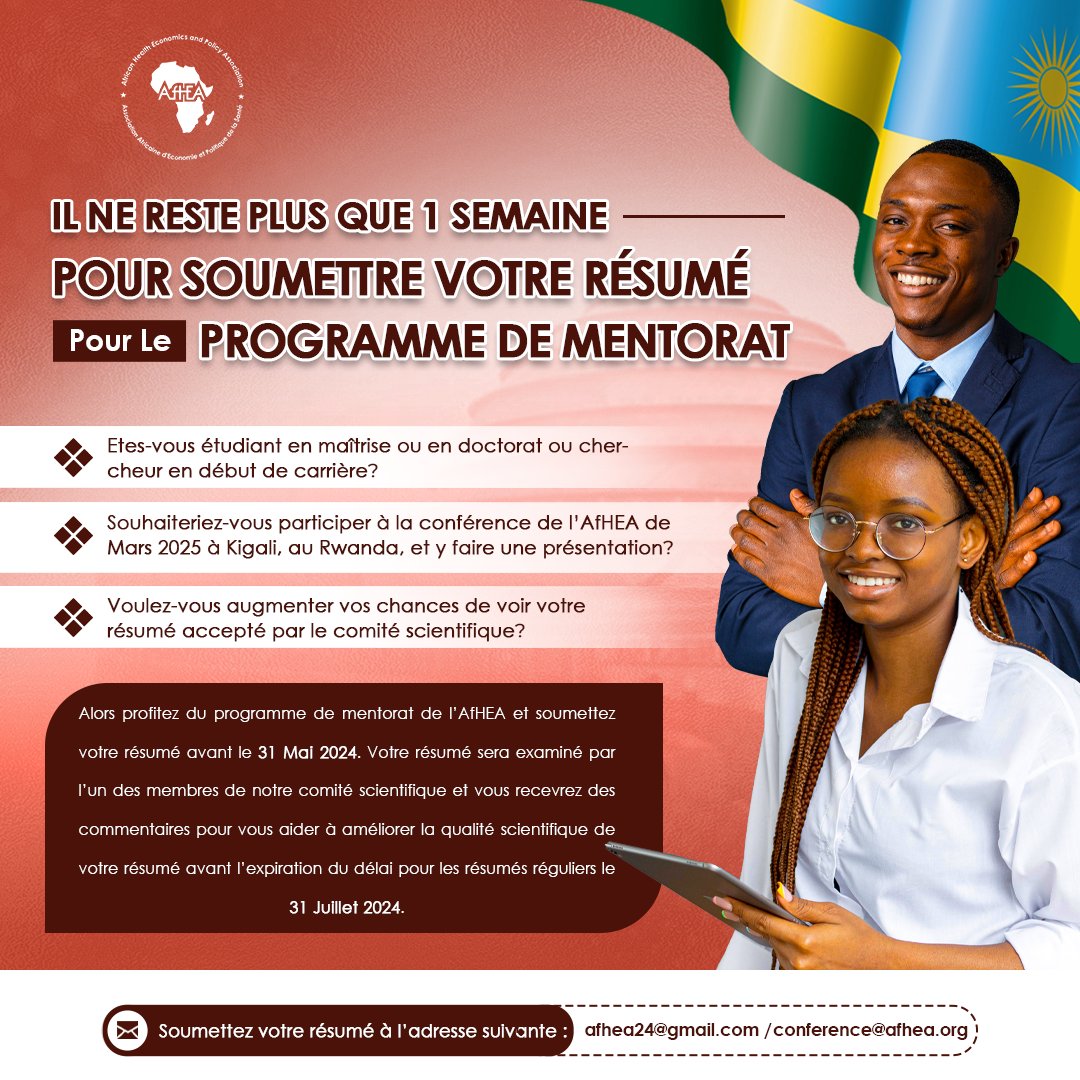 AfHEA_Africa's tweet photo. Il reste 3 jours ! Vous êtes un étudiant en master ou en doctorat ou un chercheur en début de carrière intéressé par une présentation à la conférence de l'@AfHEA de mars 2025 à Kigali, au Rwanda, mais vous avez besoin d'un mentor. Consultez ce lien : https://t.co/7Gx3PsbZrn https://t.co/JlEPIEBTXT