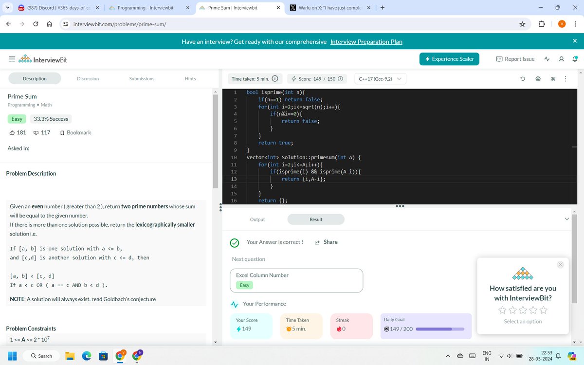 I have just completed #Day148 of #365DaysofCode Challenge with @scaler_official

The question I solved today-  Prime Sum  

#scalerdiscord #ScalerTopics #codewithscaler #365daysofcodescaler #365DaysofCode #scalerdiscordcommunity #scalerdiscord