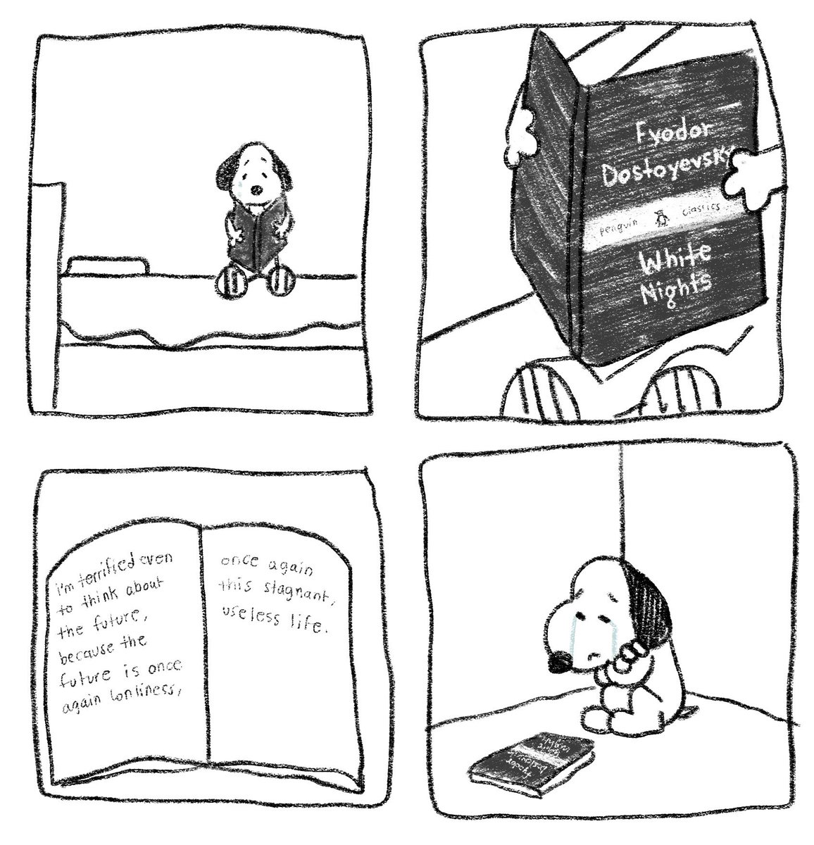 quick comic of snoopy reading white nights