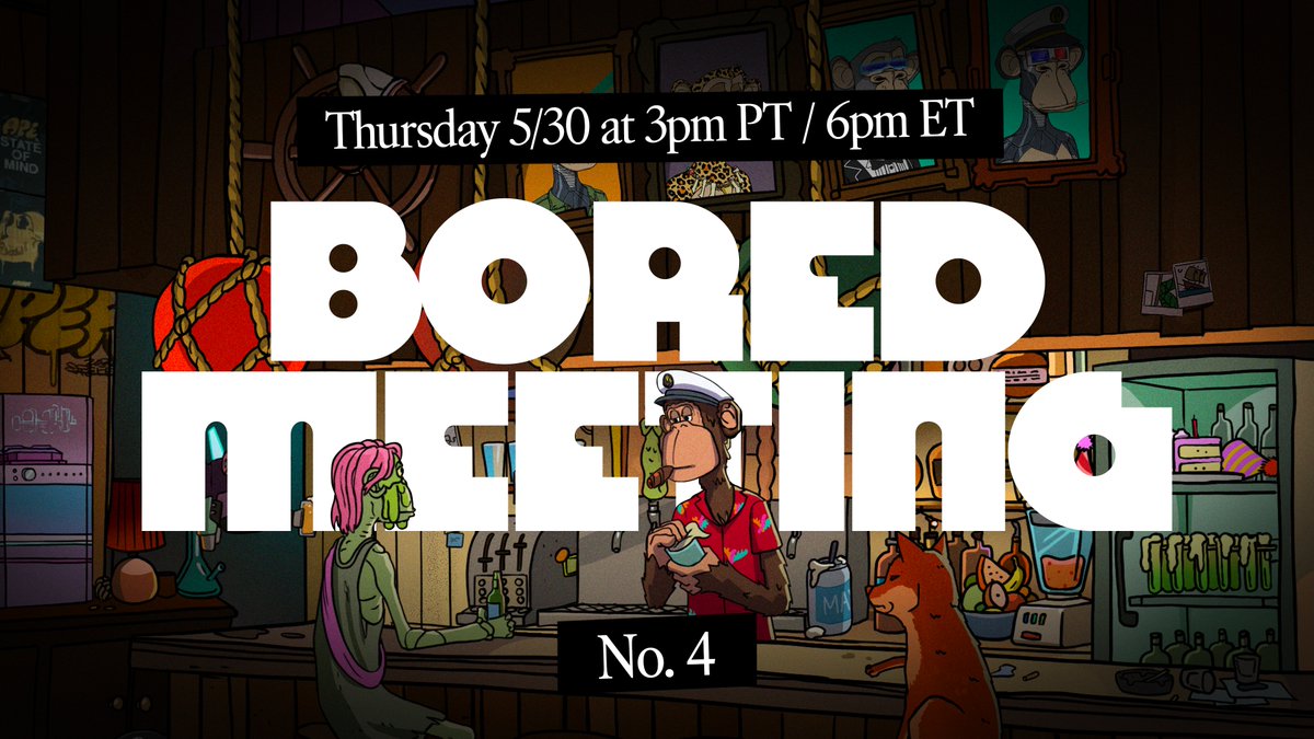 Join us for our 4th Bored Meeting this Thursday at 3pm PT in the @BoredApeYC Discord. Got questions for the Club? Drop them in the comments below.