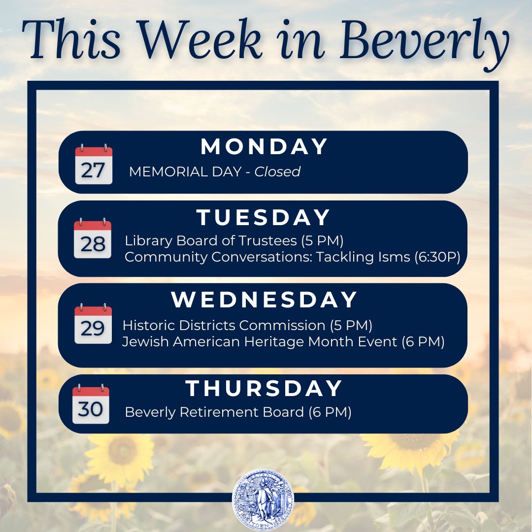 Check out this week’s meetings - find the full calendar, agendas and minutes ➡️ ow.ly/e6pu50PRZai 📅

#BeverlyMA #NorthshoreMA #CivicEngagement
