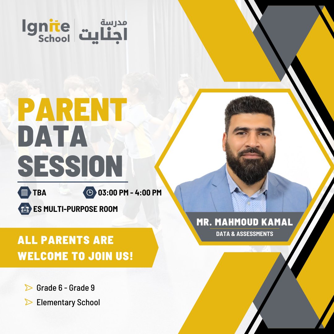 Attention all parents of students in Grades 6 to 9 and Elementary School: You're invited to join us for a Parent Data Session at the Elementary School Multi-Purpose Room. The date of the Parent Session is going to be announced soon! Stay tuned!

#IgniteSchool #AmericanCurriculum