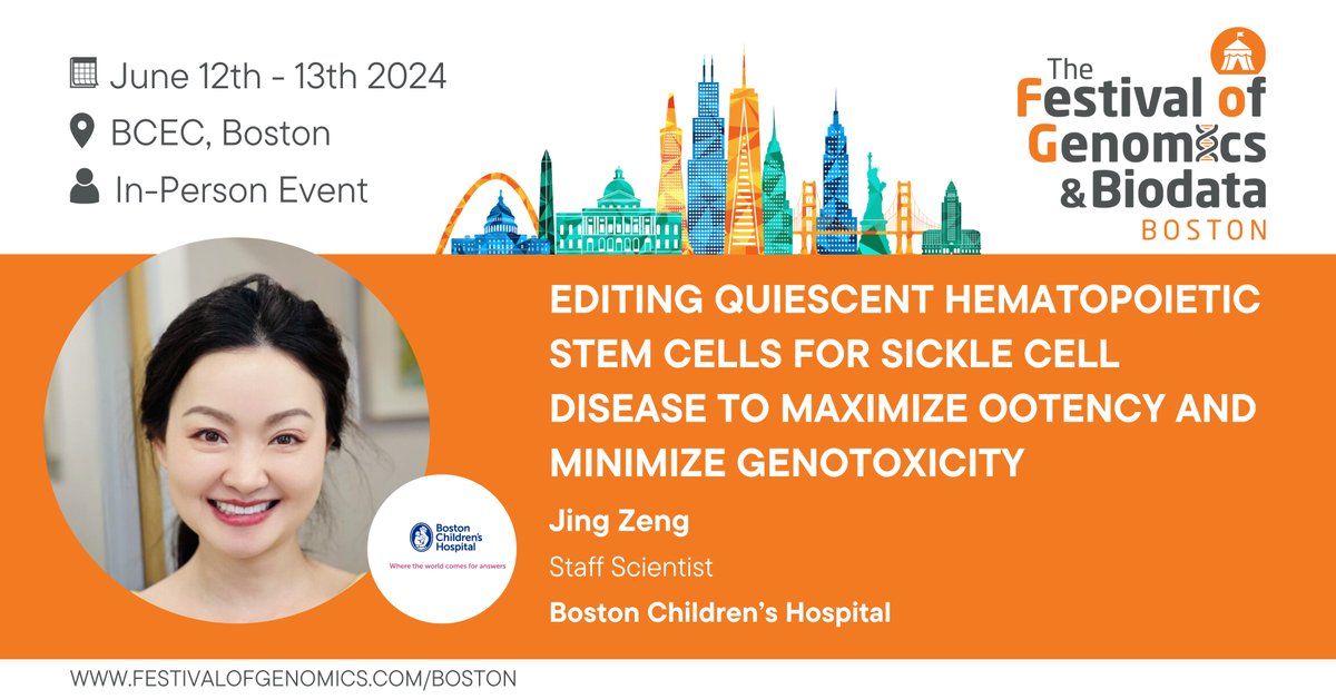 The gene editing track at #FOGBoston is looking great 🧬 Speaking first is Jing Zeng, Staff Scientist at @BostonChildrens, presenting her work on editing quiescent hematopoietic #stemcells for Sickle Cell Disease. The event begins in just two weeks! hubs.la/Q02y5ybx0
