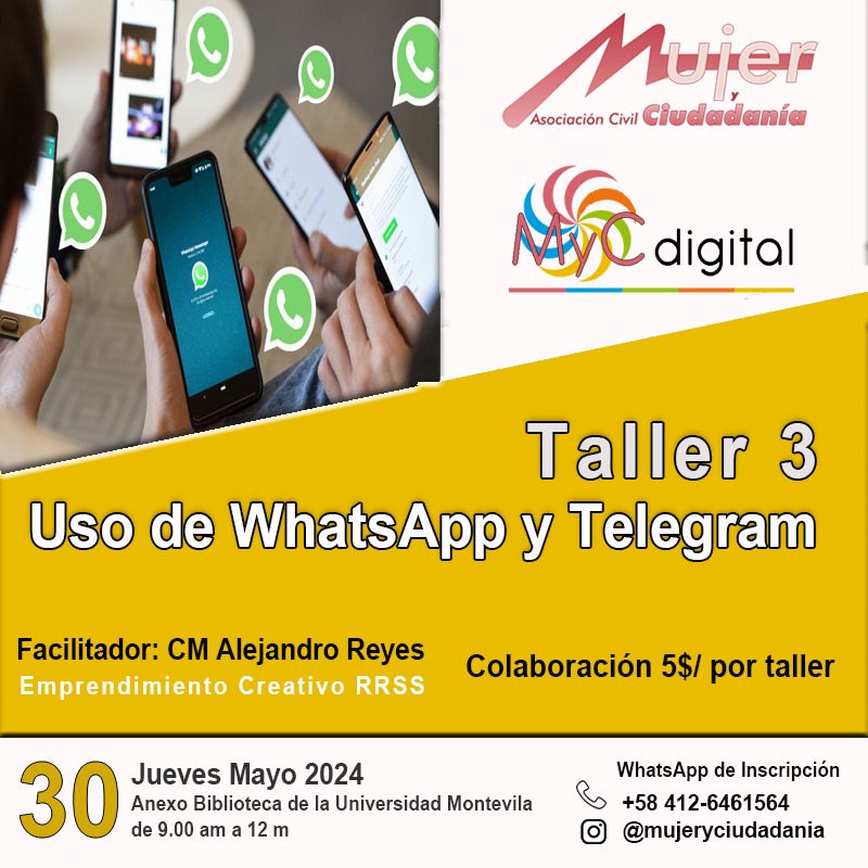 Edificio Biblioteca, , el *jueves 30 de mayo* en el horario de *9.00 am a 12 m*
El cupo es  30 personas, una colaboración de 5$ por persona por cada taller.  
Pago Móvil : Banesco, CI: 3968247 +584143204878
inscribirse a través del WhatsApp del +58 412 6461564/ @mujeryciudadanía