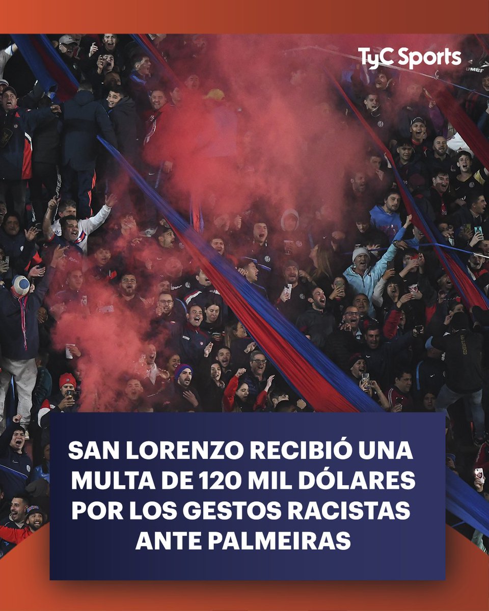 ✖️ La Conmebol le impuso una multa a San Lorenzo, por los gestos racistas de una hincha (quien ya recibió un castigo personal) en el encuentro contra Palmeiras, del pasado 3 de abril en el Nuevo Gasómetro, en la Copa Libertadores.

💰 La Confederación le aplicó una sanción de 120