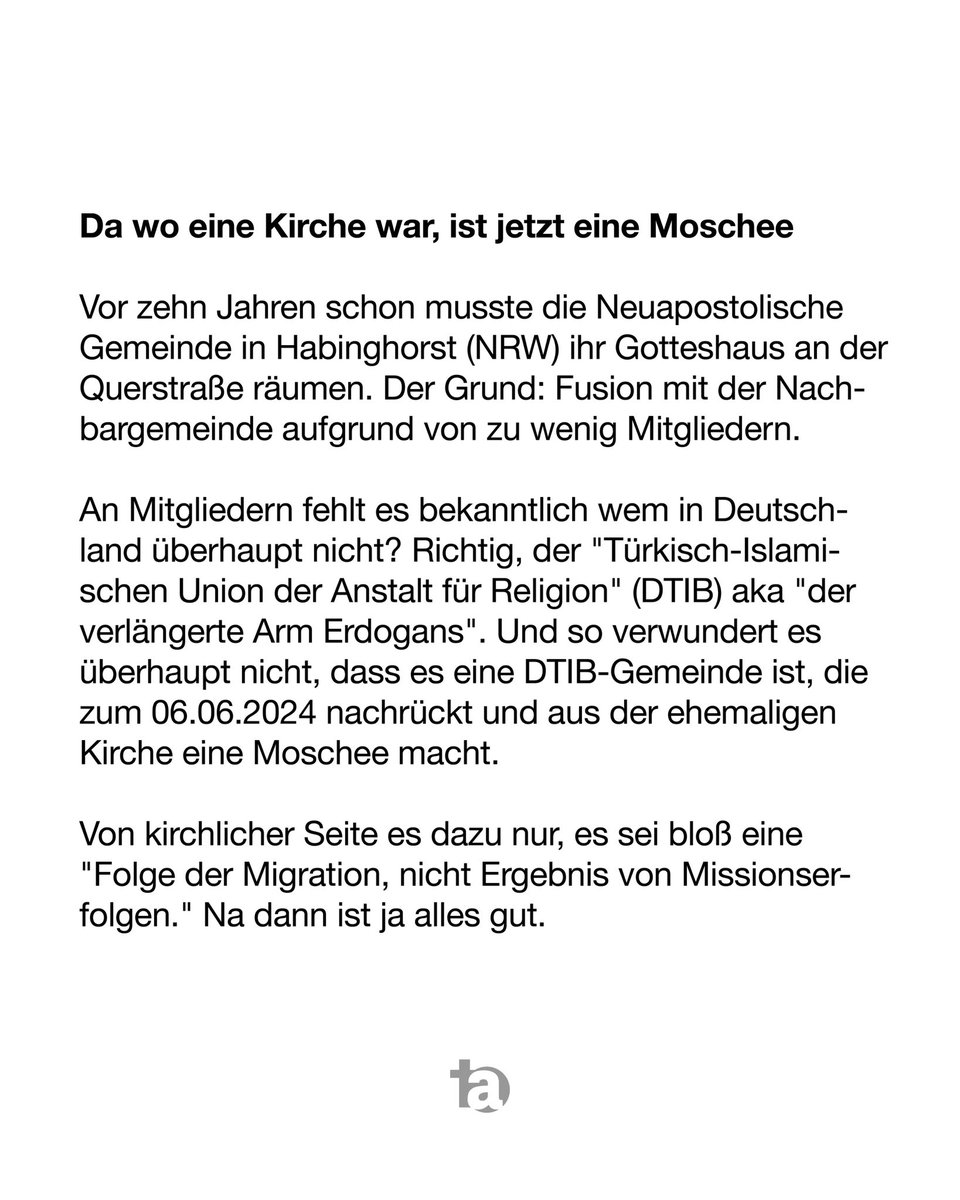 transitarena's tweet photo. Da wo eine Kirche war, ist jetzt eine Moschee. Vor zehn Jahren schon musste die Neuapostolische Gemeinde in Habinghorst (NRW) ihr Gotteshaus an der Querstraße räumen. Der Grund: Fusion mit der Nachbargemeinde aufgrund von zu wenig  Mitgliedern. https://t.co/sn0jAplLOv
