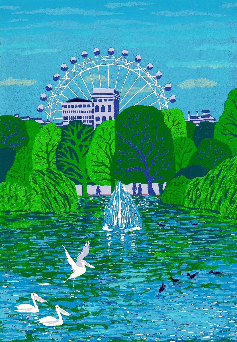 St James’s Park with pelicans, the London Eye. And blue sky. Not like today. 
#stjamespark #linocut #london