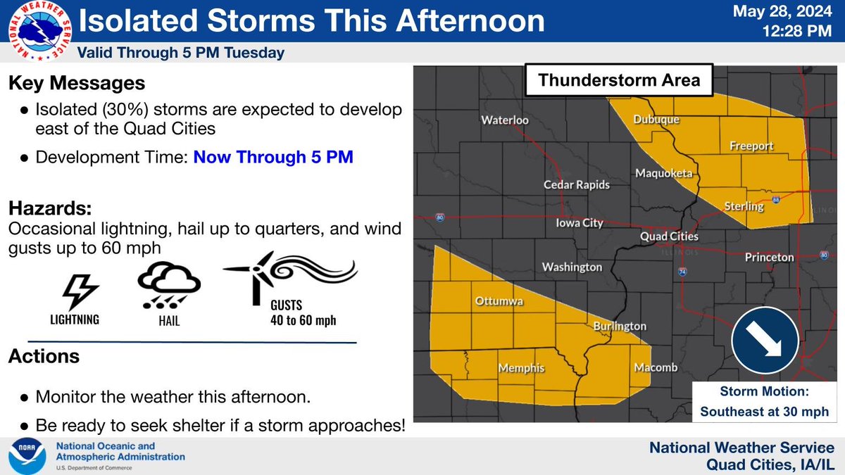 Scattered showers and isolated storms are expected to develop in portions of the area this afternoon. A few storms may approach severe limits, with hail up to quarters and winds up to 60 mph. Most are expected to remain sub-severe.